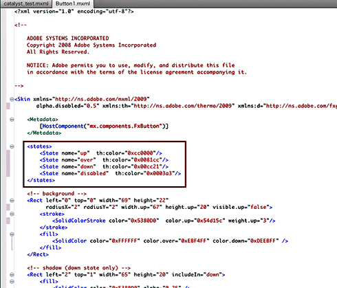 図14　ボタンだけで新たにMXMLファイルが作成され、インタラクションのコードも追加される（赤い囲みの部分）