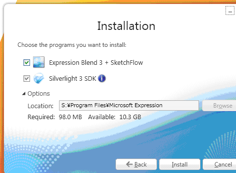 図4　［Expression Blend 3＋SketchFlow］と［Silverlight 3 SDK］にチェックされていることを確認し［Install］ボタンを押す