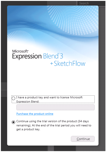 図5　Expression Blend 3の起動画面。評価目的で使用するので、下のラジオボタンにチェックが入ったまま［Continue］ボタンを押す
