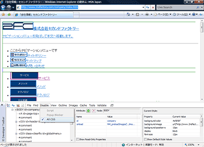 画面9　Internet Explorer Developer Toolbarの使用例（CSS非表示）