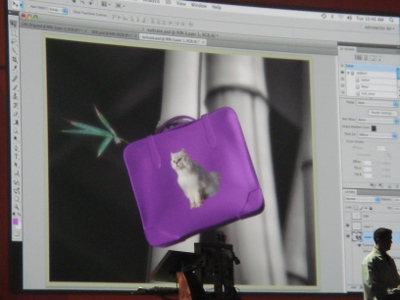 「Photoshop CS4」で、写真の鞄の色を茶から紫に変えて猫の画像を張り付け