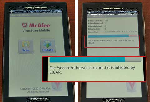 Android端末で動作するMcAfee VirusScan Mobile for Android。テキストファイルがEICARに感染しているのを検知している